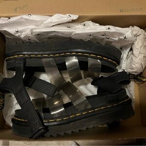Dr. Martens Black Sandals with Clear Straps and Yellow Stitching